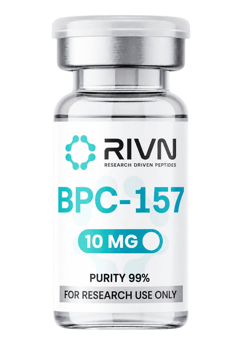 Close-up of a Rivn BPC-157 vial and its research-use label